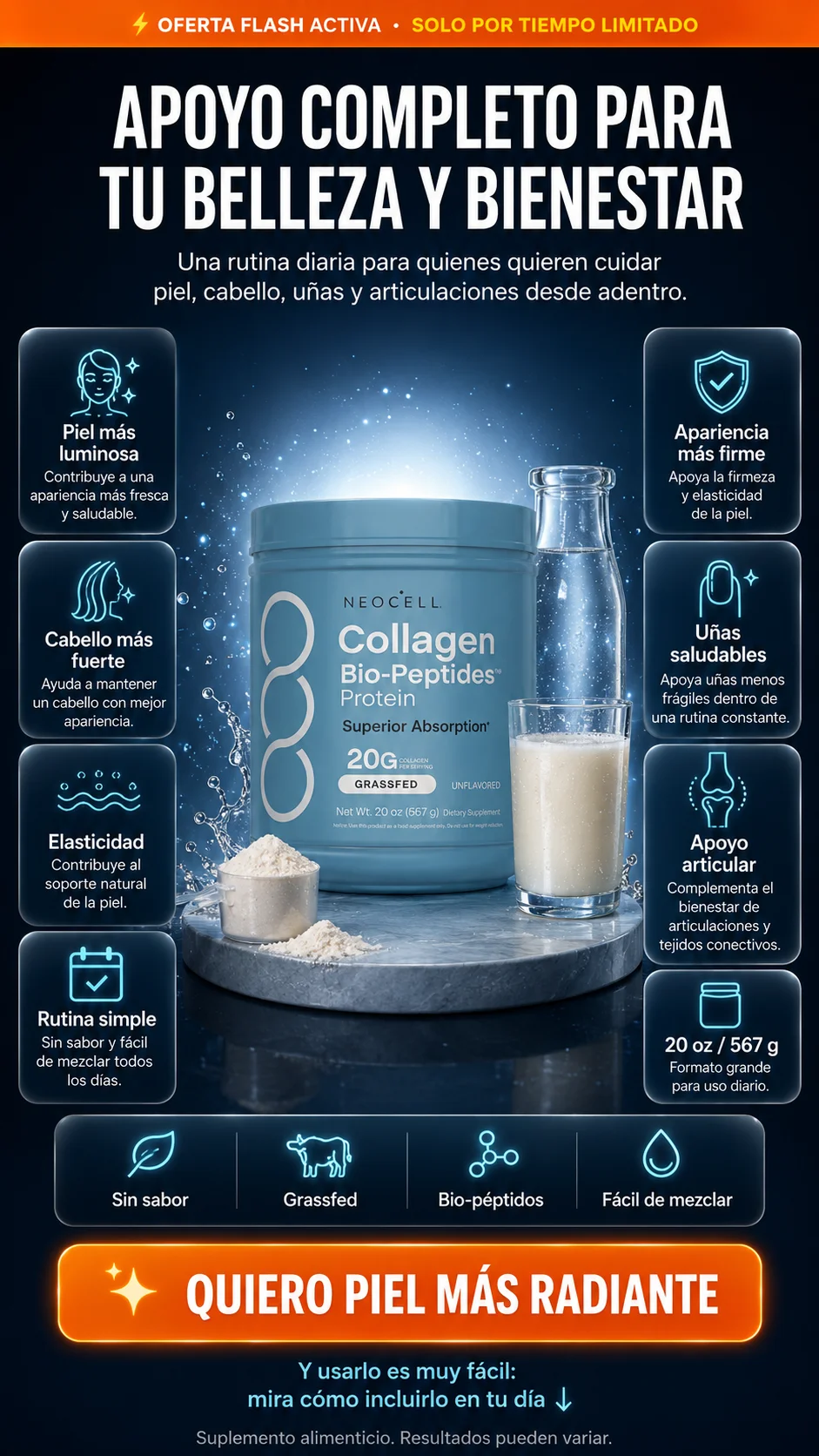 Colágeno en polvo para piel, cabello, uñas y articulaciones